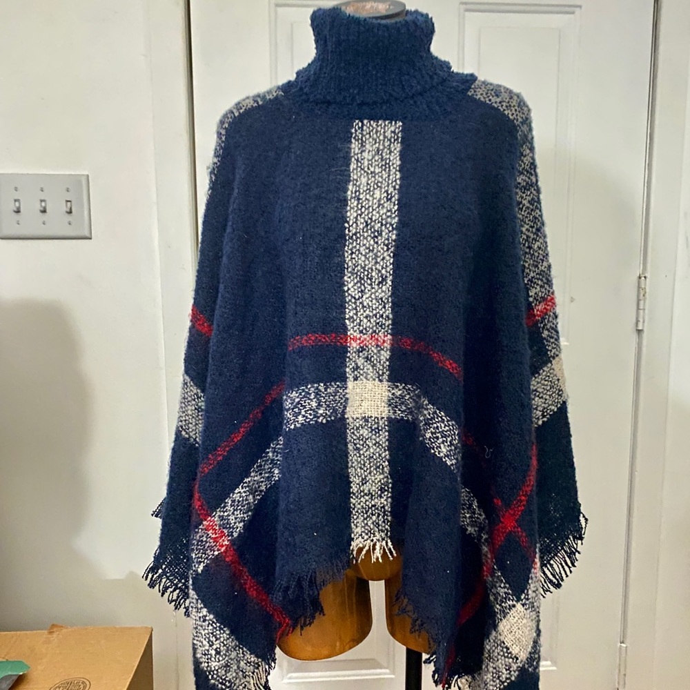 Navy Blue, Plaid Turtle Neck Shrug One Size